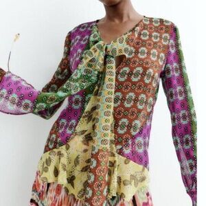 ZARA Zodiac Multicolor Printed Boho Blouse Shirt Bow Tie Sz M Crystal Drops